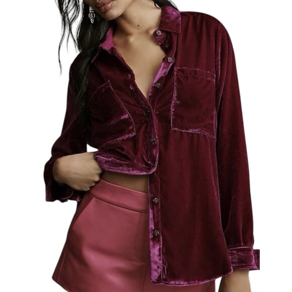 Anthropologie Pilcro Purple Crushed Velvet Hadley Classic‎ Button Front Blouse S - Picture 1 of 15